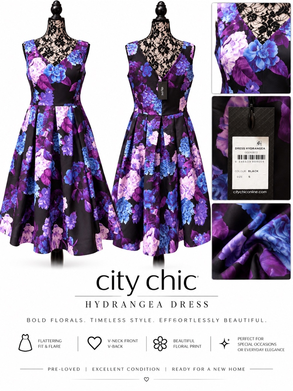 City Chic Black Hydrangea Fit & Flare Dress with Purple and Blue Floral Print